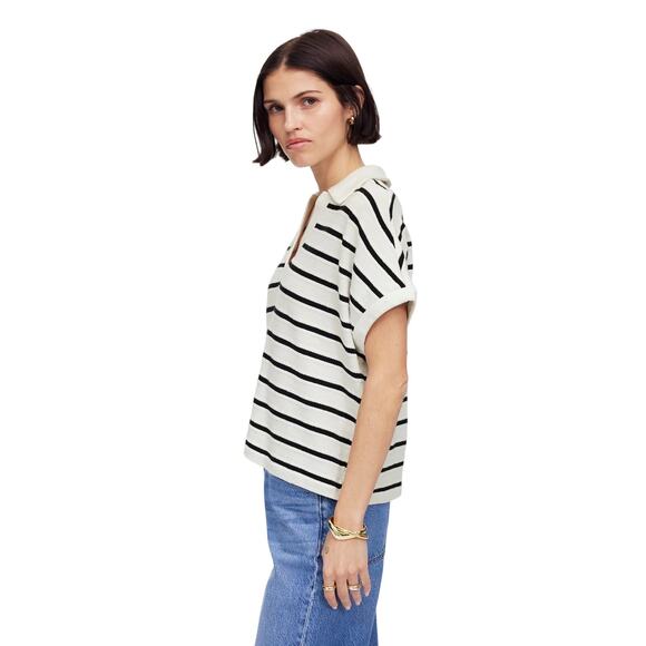 Madewell Relaxed V-Neck Polo Knit Top XS NWT Ivory Black Stripe Cotton - Picture 2 of 7